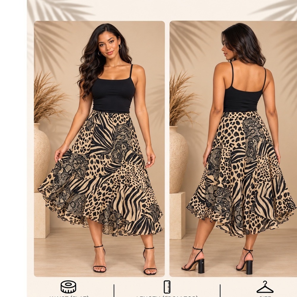 Emma G Mixed Animal Print Sequin Midi Skirt XL Tan Black Leopard Zebra Snake